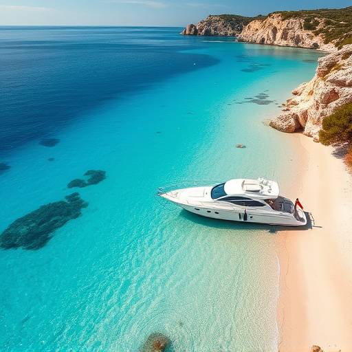 Aguas cristalinas y playas de arena blanca en Mallorca, Islas Baleares, con un yate de lujo anclado.