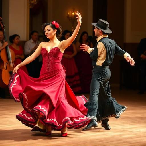 Bailarines de flamenco actuando con pasi&oacute;n y vestimenta tradicional