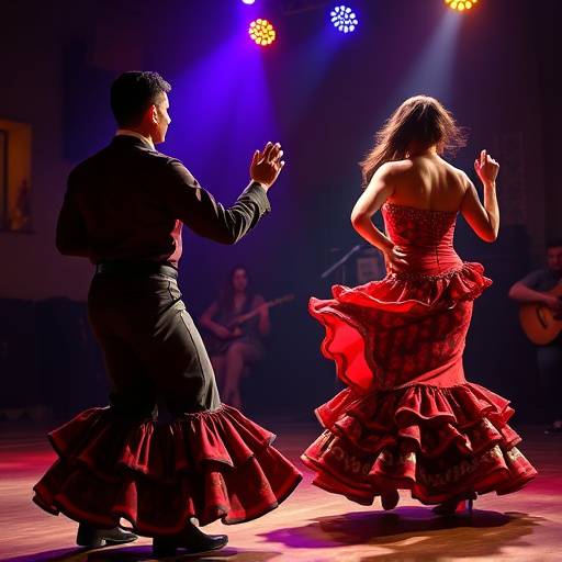 Bailarines de flamenco apasionados en un tablao.