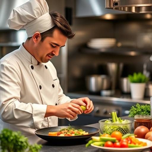 Chef preparando un plato gourmet en una cocina de lujo, con ingredientes frescos.
