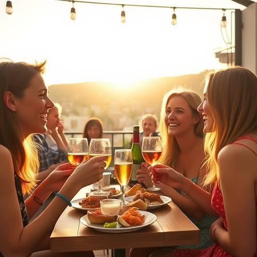 Grupo de amigos riendo y compartiendo tapas alrededor de una mesa en una terraza soleada.