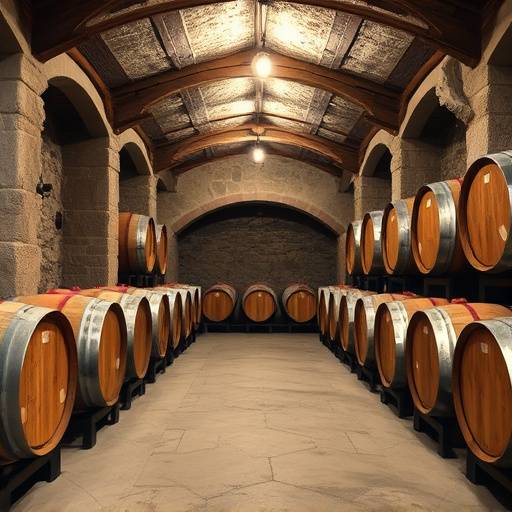 Interior de una bodega tradicional con barricas de vino antiguas