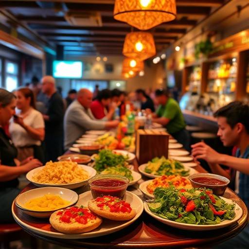Mesa de tapas variadas en un bar concurrido