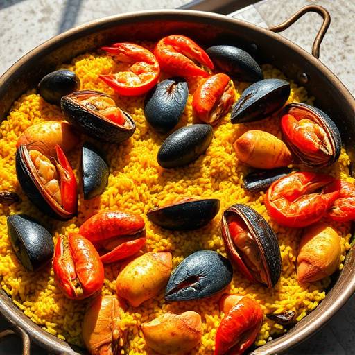 Paella valenciana con mariscos y arroz dorado