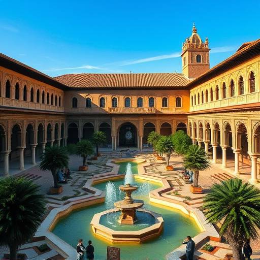 Palacio de la Alhambra en Granada con sus intrincados patios y fuentes bajo un cielo azul.