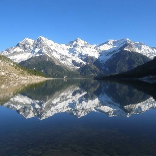 Picos nevados de los Pirineos reflejados en un lago alpino sereno.