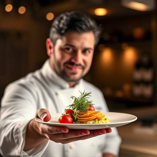 Un chef presentando un plato de alta cocina con esmero